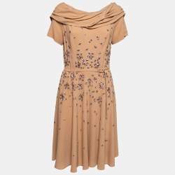 Pre Owned Prada Beige Embroidered Crepe Belted Midi Dress L