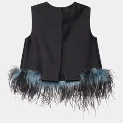 Prada Black Wool & Silk Ostrich Feather Trim Sleeveless Top S