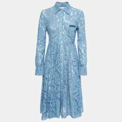 Prada Light Blue Floral Lace Shirt Midi Dress S