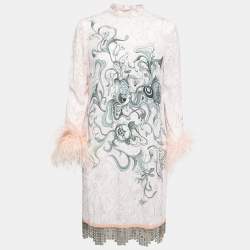 Prada Pink Printed Crepe Metal Hem & Feather Detail Sable Shift Dress S