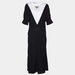 Pre Owned Prada Black Chiffon & Jersey Contrast Detail Midi Dress L