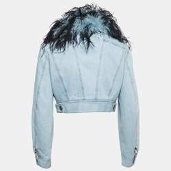 Pre Owned Prada Blue Denim Detachable Feather-Trim Collar Cropped Jacket S