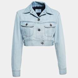 Pre Owned Prada Blue Denim Detachable Feather-Trim Collar Cropped Jacket S