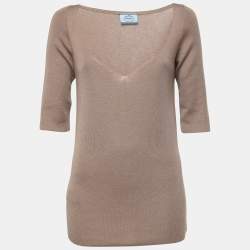 Prada Brown Cashmere & Silk Knit V-Neck Sweater L