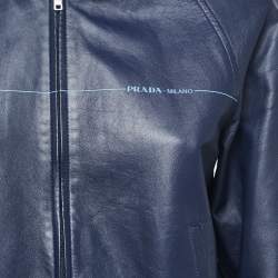 Pre Owned Prada Blue Lambskin Leather Zip-Up Jacket S
