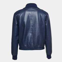 Pre Owned Prada Blue Lambskin Leather Zip-Up Jacket S