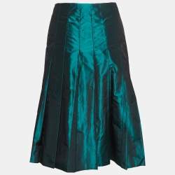 مملوكة مسبقًا Prada Dark Green Taffeta Silk Pleated Midi Skirt M