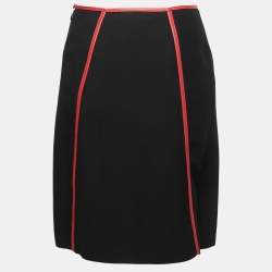 مملوكة مسبقًا Prada Black Crepe Leather Trimmed Knee Length Skirt S