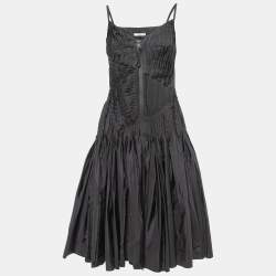 Prada Black Coated Nylon Pleated Zip Front Strappy Midi Dress XS
