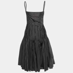 Prada Black Coated Nylon Pleated Zip Front Strappy Midi Dress XS