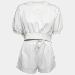 Prada White Logo Patterned Cotton Blend Knit T-Shirt Shorts Set S/L