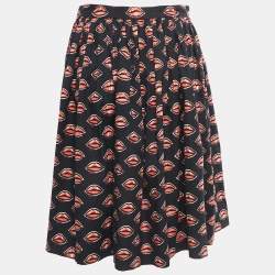 مملوكة مسبقًا Prada Black Lips Print Cotton Gathered Knee Length Skirt M