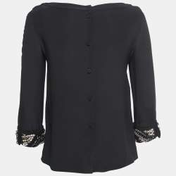 Pre Owned Prada Black Silk Crystals Embellished Sleeve Detailed Blouse S