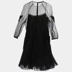 Pre Owned Prada Black Crystals Embellished Mesh Pleated Mini Dress  S
