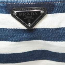 Pre Owned Prada Blue/White Striped Denim Logo Plaque Cropped Top M
