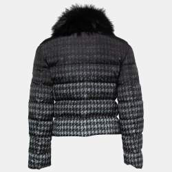 Prada Grey Houndstooth Printed Synthetic Fox Fur Collar Cropped Jacket S
