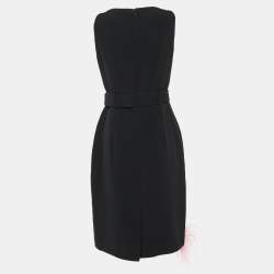 Prada Black Crepe Contrast Feather Detail Belted Midi Dress M