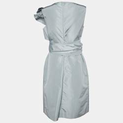 Prada Grey Silk Taffeta Bow Detail Belted Sleeveless Midi Dress M