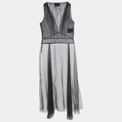 Pre Owned Prada Black Pleated Organza Sleeveless Maxi Dress S