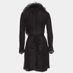 Pre Owned Prada Black Ostrich Feather and Silk Crinkle Semi Sheer Mid Length Coat XS