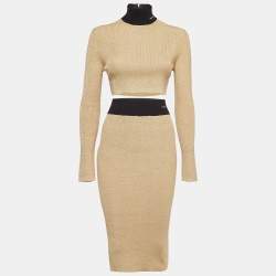 Prada Gold Logo Intarsia Lamé Knit Crop Top and Skirt Set M