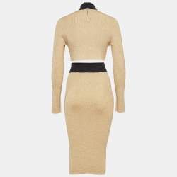 Prada Gold Logo Intarsia Lamé Knit Crop Top and Skirt Set M