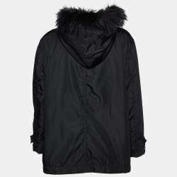 Pre Owned Prada Black Nylon Fur Trimmed Hooded Jacket L