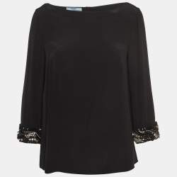 Pre Owned Prada Black Silk Decorative Cuff Detail Blouse M