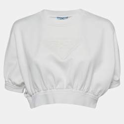 Prada White Logo Embossed Jersey Cropped T-Shirt M