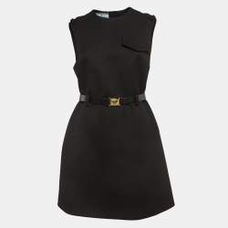 Prada Black Stretch Natté Tulle Sleeveless Belted Mini Dress M