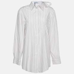 Pre Owned Prada White Striped Cotton Tie Neck Button Front Shirt M