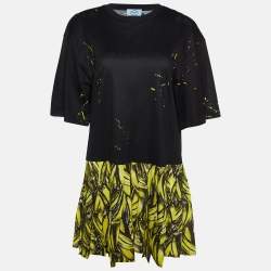 Pre Owned Prada Black Banana Print Cotton Peplum Dress M