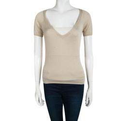 Prada Beige Knit V Neck Short Sleeve Sweater M