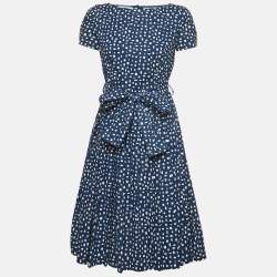 Prada Navy Blue Geometric Print Cotton Pleated Mini Dress S  
