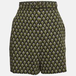 Prada Green Geometric Print Virgin Wool Belted Shorts M