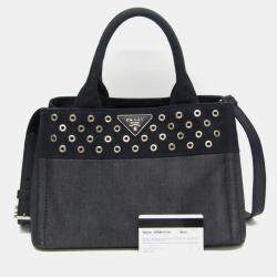 Prada Navy Blue Denim and Leather Studded Canapa Tote Bag