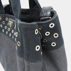 Prada Navy Blue Denim and Leather Studded Canapa Tote Bag
