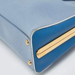 Prada Two Tone Blue Saffiano Lux Leather Pyramid Frame Satchel