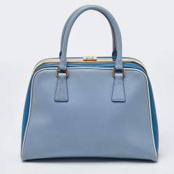 Prada Two Tone Blue Saffiano Lux Leather Pyramid Frame Satchel