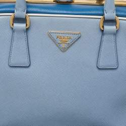 Prada Two Tone Blue Saffiano Lux Leather Pyramid Frame Satchel
