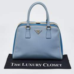 Prada Two Tone Blue Saffiano Lux Leather Pyramid Frame Satchel