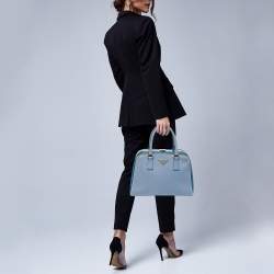 Prada Two Tone Blue Saffiano Lux Leather Pyramid Frame Satchel
