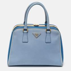 Prada Two Tone Blue Saffiano Lux Leather Pyramid Frame Satchel