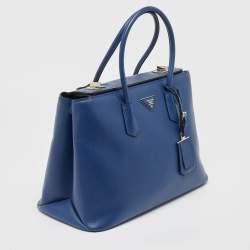 Pre Owned Prada Blue Saffiano Cuir Leather Large Twin Tote