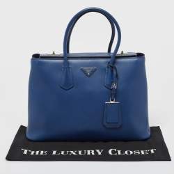 Pre Owned Prada Blue Saffiano Cuir Leather Large Twin Tote