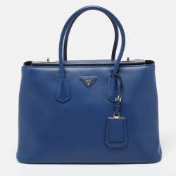 Pre Owned Prada Blue Saffiano Cuir Leather Large Twin Tote