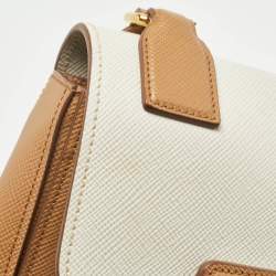 Pre Owned Prada Brown/White Saffiano Cuir Leather Flap Crossbody Bag