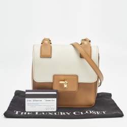 Pre Owned Prada Brown/White Saffiano Cuir Leather Flap Crossbody Bag