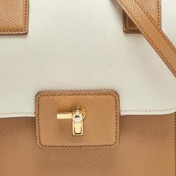 Pre Owned Prada Brown/White Saffiano Cuir Leather Flap Crossbody Bag
