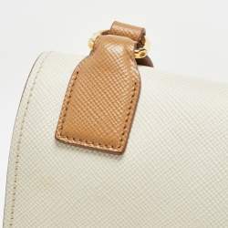 Pre Owned Prada Brown/White Saffiano Cuir Leather Flap Crossbody Bag